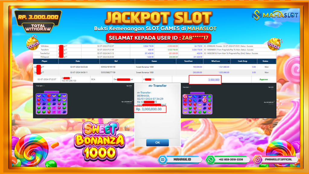 MAHASLOT JACKPOT SLOT SWEET BONANZA X1000 Rp. 3.000.000,- LUNAS