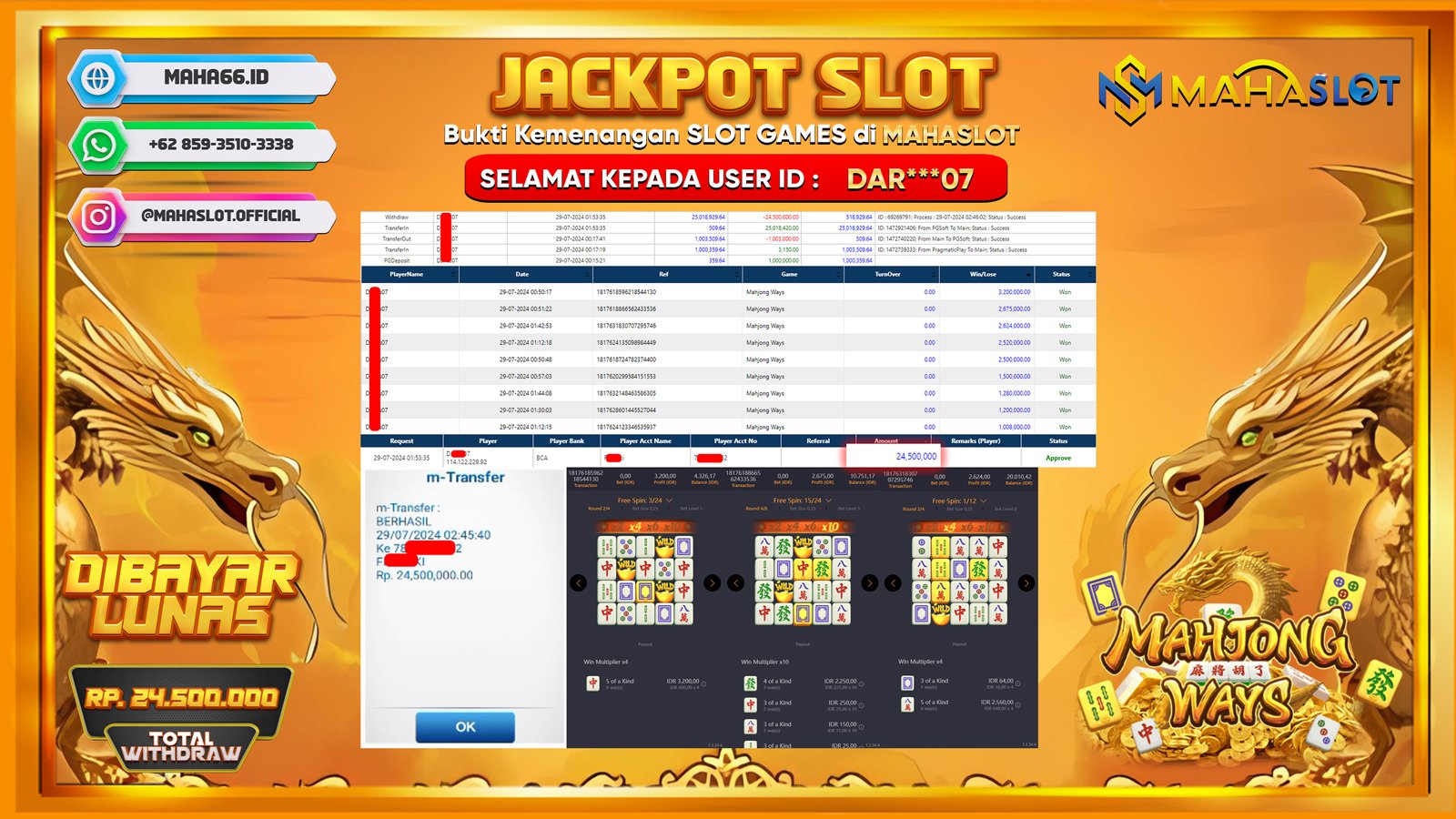 MAHASLOT JACKPOT SLOT MAHJONG WAYS Rp. 24.500.000,- LUNAS