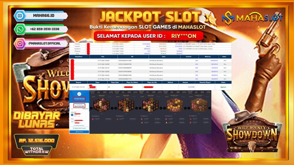 MAHASLOT JACKPOT SLOT WILD BOUNTY SHOWDOWN Rp. 12.516.000,- LUNAS