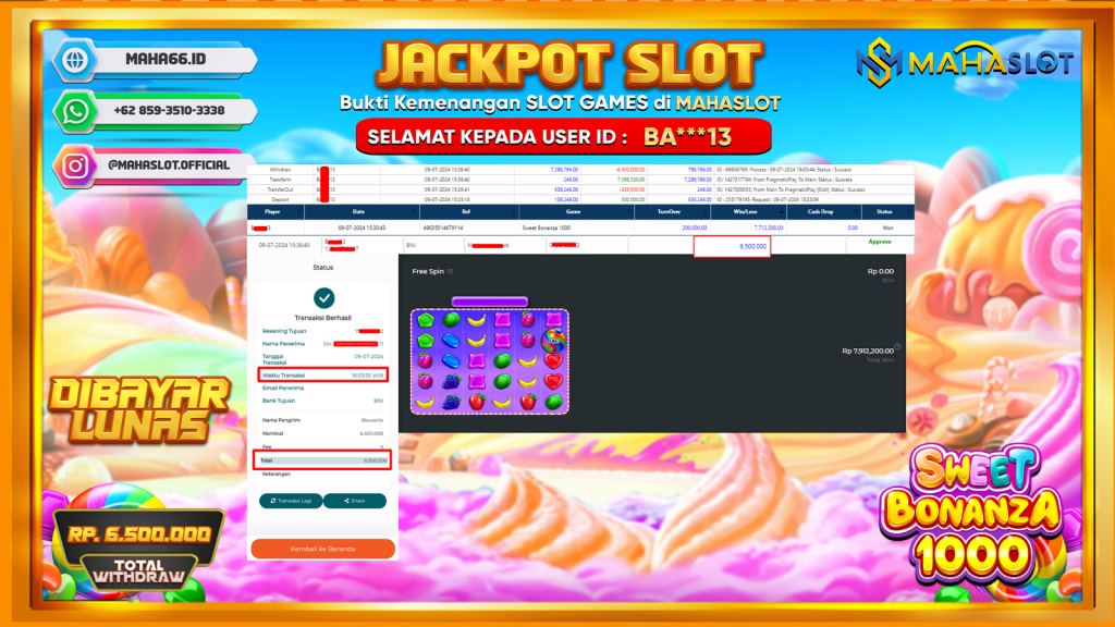 MAHASLOT JACKPOT SLOT SWEET BONANZA X1000 Rp. 6.500.000,- LUNAS