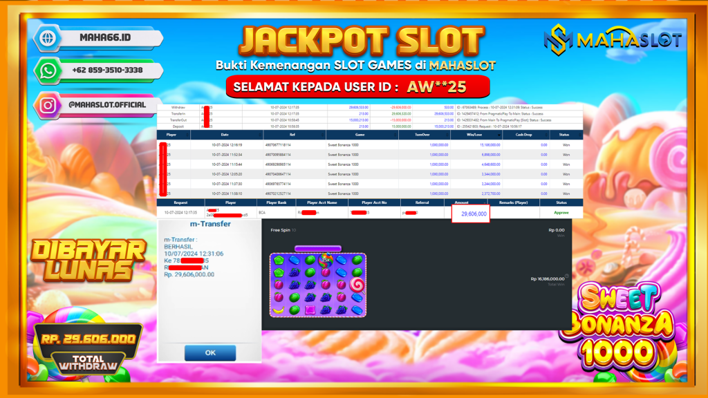 MAHASLOT JACKPOT SLOT SWEET BONANZA X1000 Rp. 29.606.000,- LUNAS