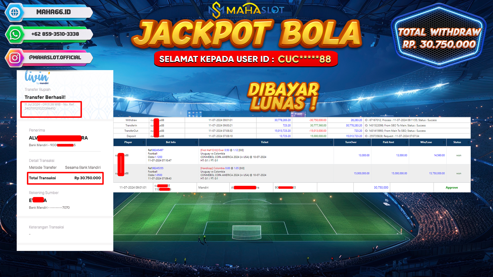 MAHASLOT JACKPOT BOLA SBOBET Rp. 30.750.000,- LUNAS