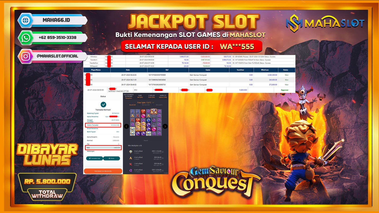 MAHASLOT JACKPOT SLOT GEM SAVIOUR CONQUEST Rp. 5.800.000,- LUNAS