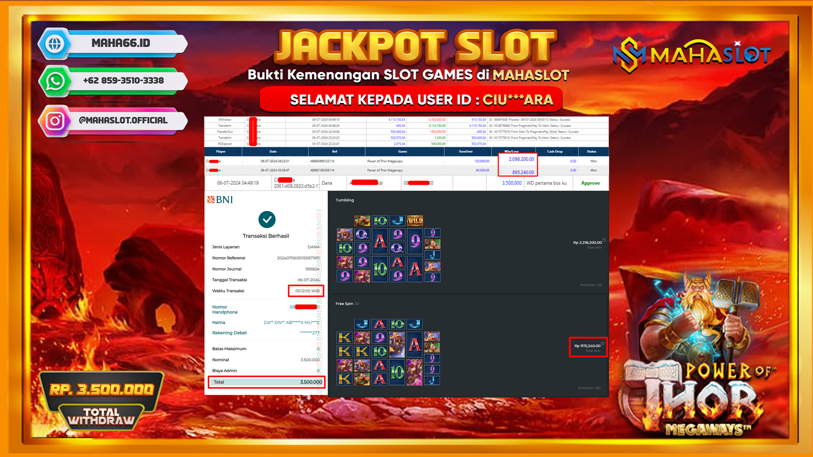 MAHASLOT JACKPOT SLOT POWER OF THOR MEGAWAYS Rp. 3.500.000,- LUNAS