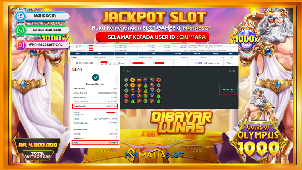 MAHASLOT JACKPOT SLOT GATES OF OLYMPUS X1000 Rp. 4.500.000,- LUNAS