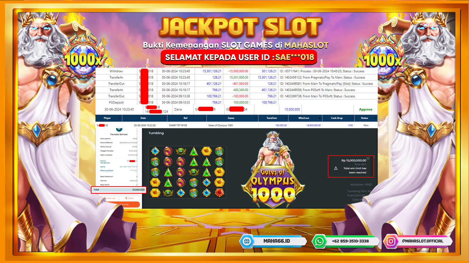 MAHASLOT JACKPOT SLOT GATES OF OLYMPUS X1000 Rp. 15.000.000,- LUNAS