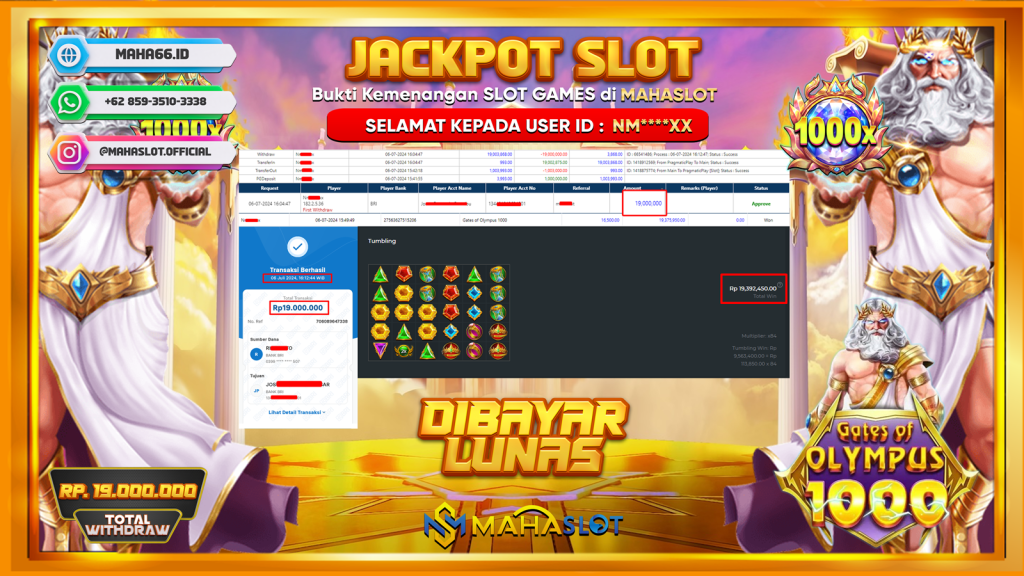 MAHASLOT JACKPOT SLOT GATES OF OLYMPUS X1000 Rp. 19.000.000,- LUNAS