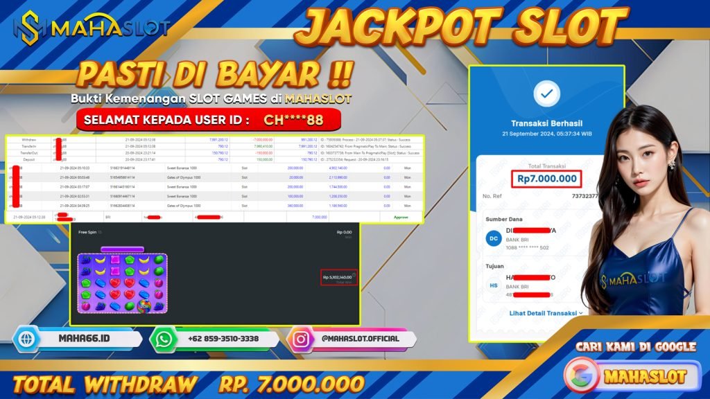 MAHASLOT JACKPOT SLOT SWEET BONANZA X1000 Rp. 7.000.000,- LUNAS