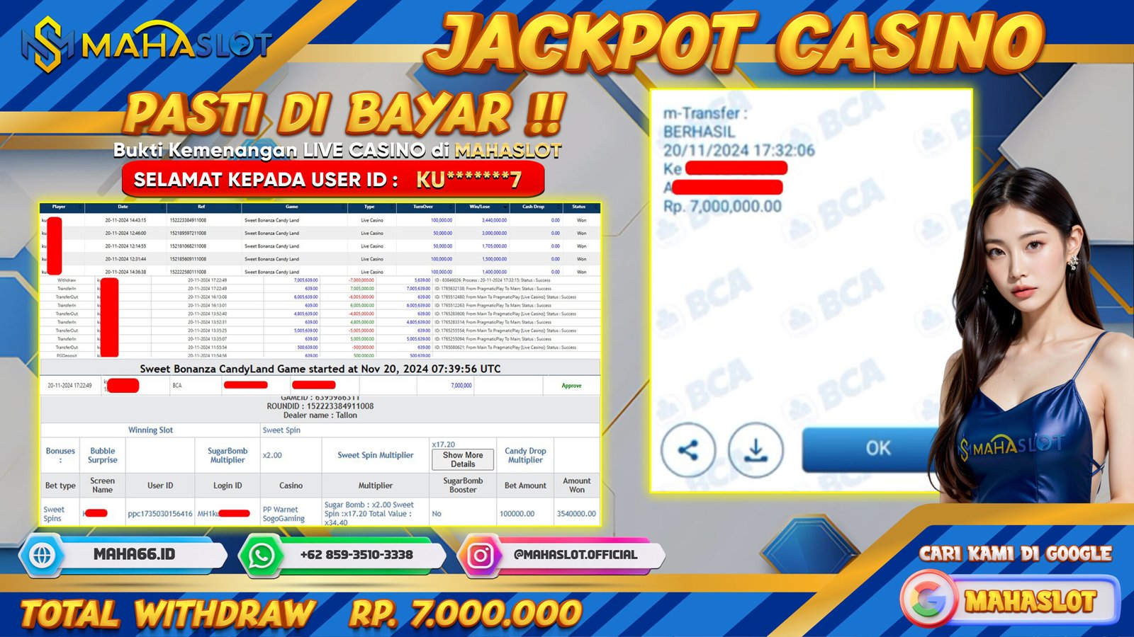 MAHASLOT JACKPOT LIVE CASINO SWEET BONANZA CANDY LAND Rp. 7.000.000,- LUNAS