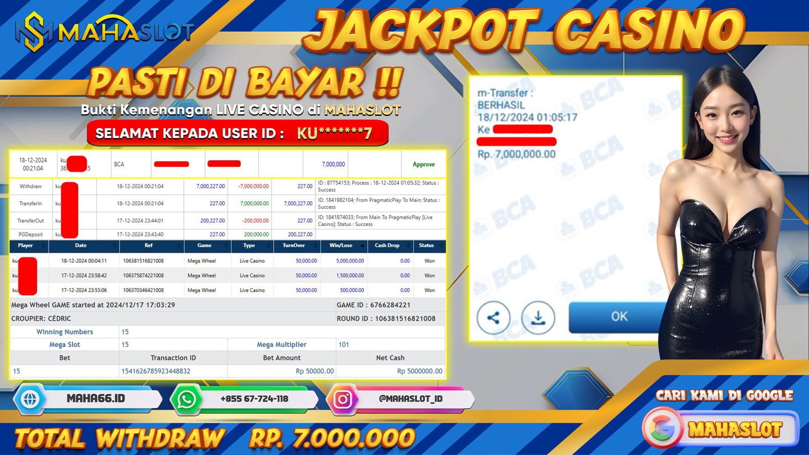 MAHASLOT JACKPOT LIVE CASINO MEGA WHEEL Rp. 7.000.000,- LUNAS