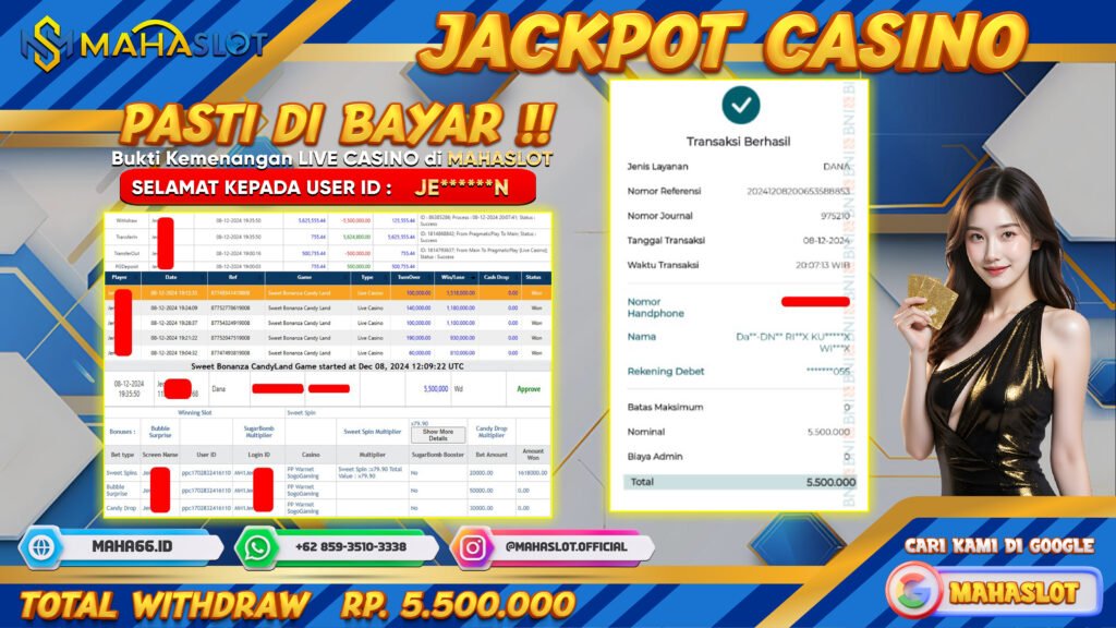 MAHASLOT JACKPOT LIVE CASINO SWEET BONANZA CANDY LAND Rp. 5.500.000,- LUNAS