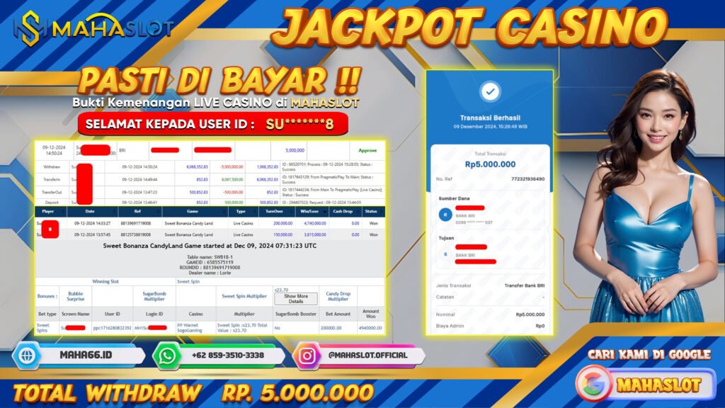 MAHASLOT JACKPOT LIVE CASINO SWEET BONANZA CANDY LAND Rp. 5.000.000,- LUNAS