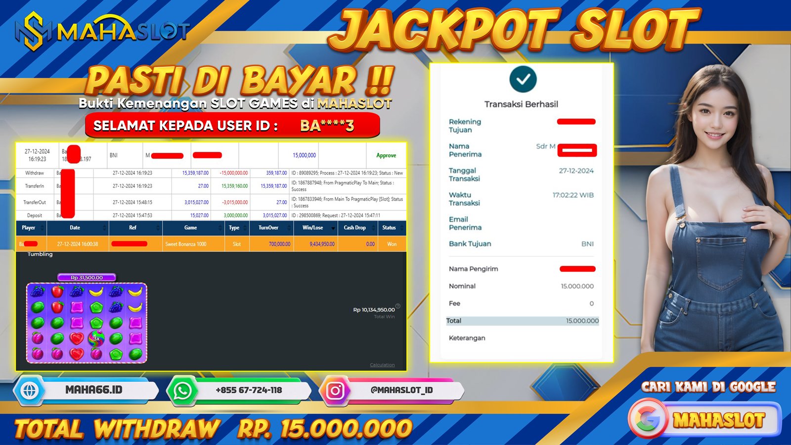 MAHASLOT JACKPOT SLOT GAMES SWEET BONANZA 1000 Rp. 15.000.000,- LUNAS