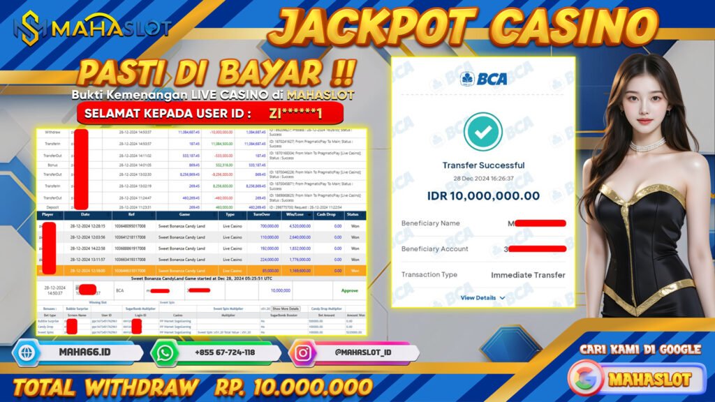 MAHASLOT JACKPOT LIVE CASINO SWEET BONANZA CANDY LAND Rp. 10.000.000,- LUNAS