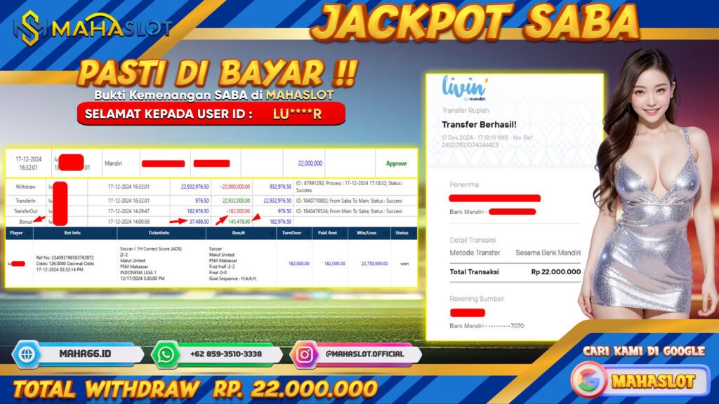 MAHASLOT JACKPOT SABA GAMES Rp. 22.000.000,- LUNAS